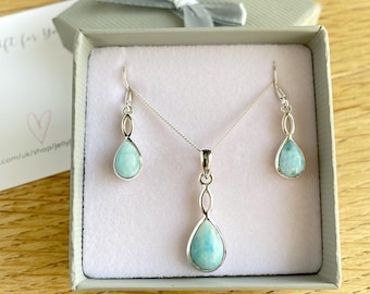 Larimar Teardrop Necklace and Earrings Set: Sterling Silver Jewelry
