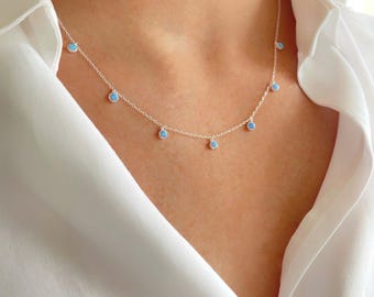Blue Opal Drop Necklace: Sterling Silver Dainty Droplet