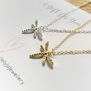 May include: Two dragonfly necklaces, one in silver and one in gold, each featuring clear stones on the wings and a beaded tail. The necklaces are displayed on a white card with the text A gift for you and jellyjojewellery with a pink heart.