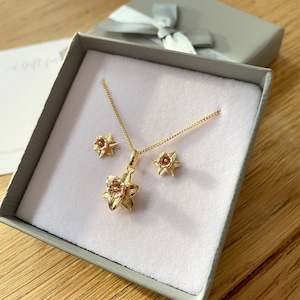 Daffodil Jewellery Gift Set, Sterling Silver Gold Plate Necklace, Gold Daffodil Earrings, March Birth Flower, Mothers Day Gift Jewellery