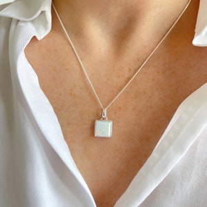 Opal Necklace, White Opal Square Pendant, Sterling Silver Square Opal Necklace, October Birthstone Gift