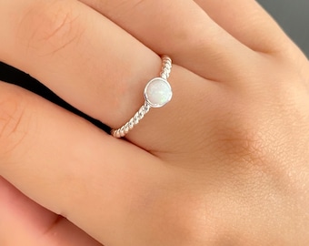 Sterling Silver Opal Ring: Twisted Band, October Birthstone