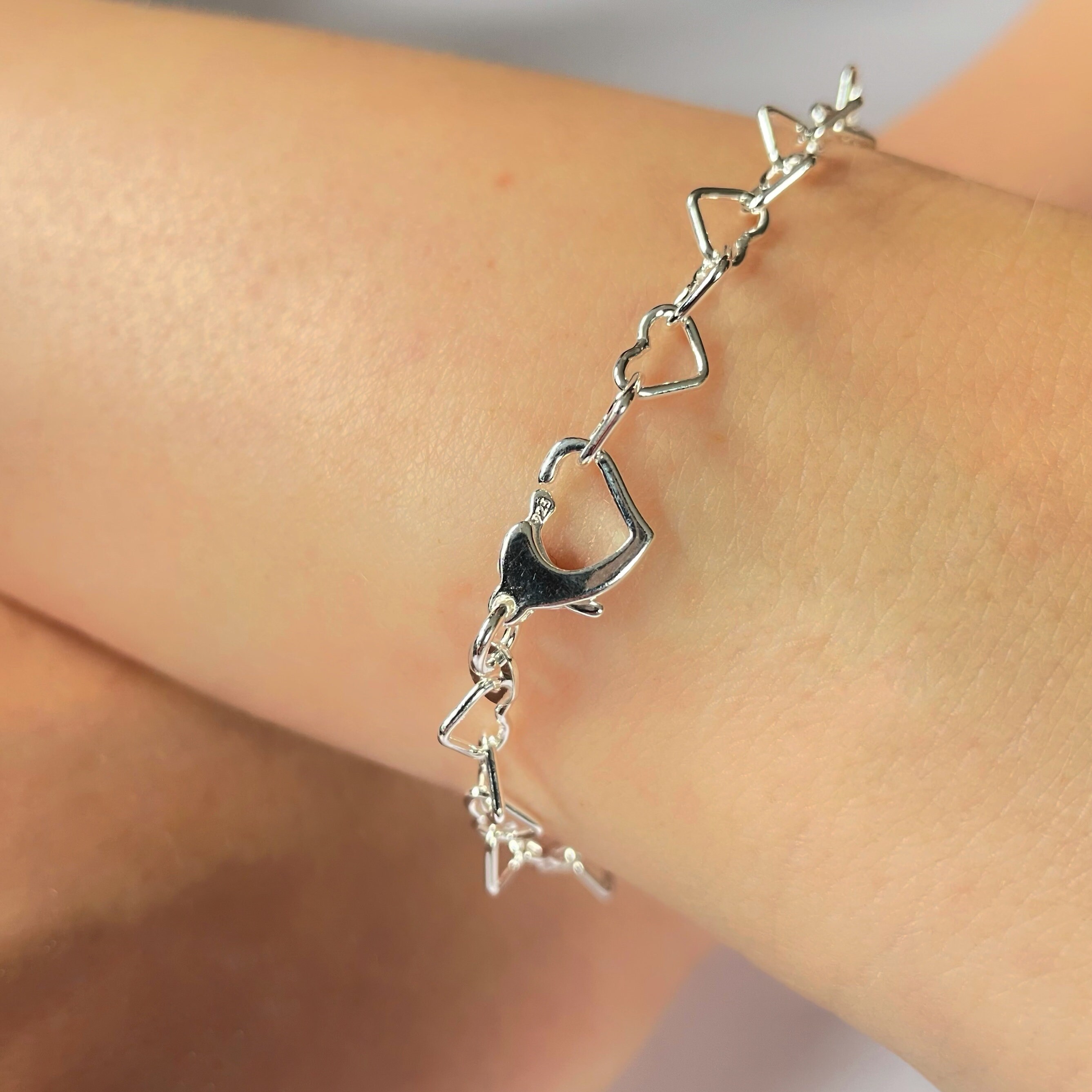 Heart Link Bracelet, Sterling Silver Heart Bracelet, Heart