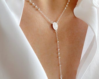 Sterling Silver Rosary Bead Necklace: Miraculous Medal Cross, St Mary