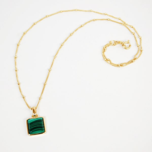 Malachite Necklace, Malachite Square Pendant, Sterling Silver, Gold Plate Necklace, Layering Necklace, April and May Birthstone Gift