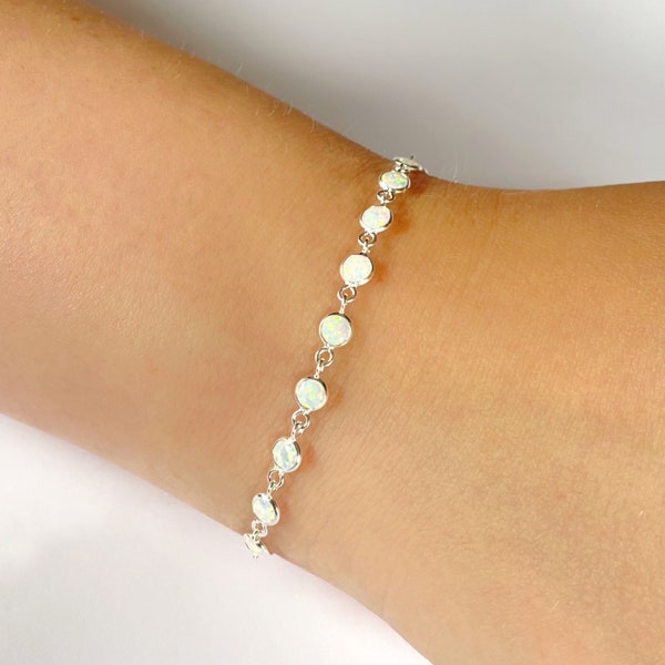 Bracelet Opale, Bracelet Opale Blanche, Bracelet Opale Link, Bracelet Argent Sterling, Cadeau Pierre de Naissance d’octobre