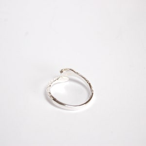 May include: Silver snake ring with a textured finish. The ring is open and adjustable.