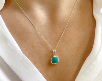 Turquoise Necklace, Turquoise Square Pendant, Sterling Silver Necklace, Layering Necklace, December Birthstone Gift