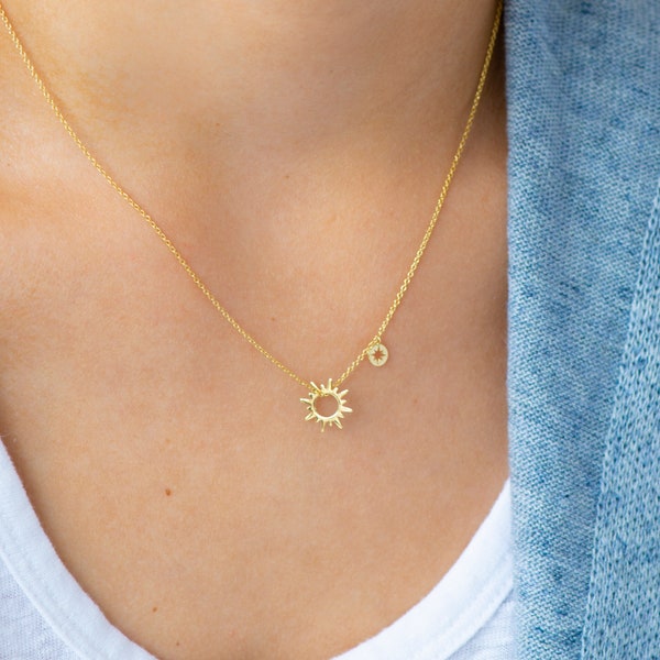 Gold Sun & Star necklace, 14ct Gold Plate Sun Necklace, Celestial necklace, Layering Necklace