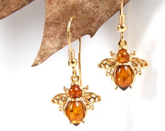 Bee Earrings, Amber Bee Drop Earrings, Amber Insect Earrings, 925 Sterling Silver Gold Plate