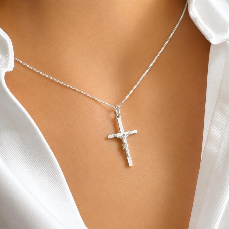 Sterling Silver Crucifix Necklace: Religious Pendant image 1