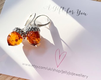 Amber Acorn Earrings, Cognac Amber Acorn Earrings, Sterling Silver Earrings, Fertility Earrings, Fall Jewellery, Autumn Jewellery