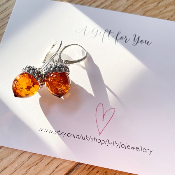 Amber Acorn Earrings, Cognac Amber Acorn Earrings, Sterling Silver Earrings, Fertility Earrings, Fall Jewellery, Autumn Jewellery