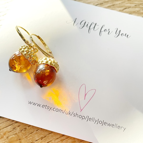 Acorn Earrings , Gold Amber Acorn Earrings, Sterling Silver, 18k Gold Plate, Acorn Drop Earrings, Fertility Symbol, Fall, Autumn Jewellery