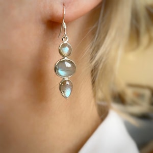 Labradorite Earrings, Triple Labradorite Earrings, Sterling Silver Dangle Earrings, Labradorite Drop Earrings