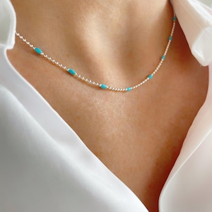 Silver Bead and Turquoise Necklace, Beaded Necklace, 925 Sterling Silver Necklace, Layering Necklace, Summer Necklace, Gift for Her