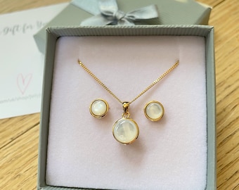 Mother of Pearl Jewelry Set: Gold Plated Sterling Silver Necklace & Earrings