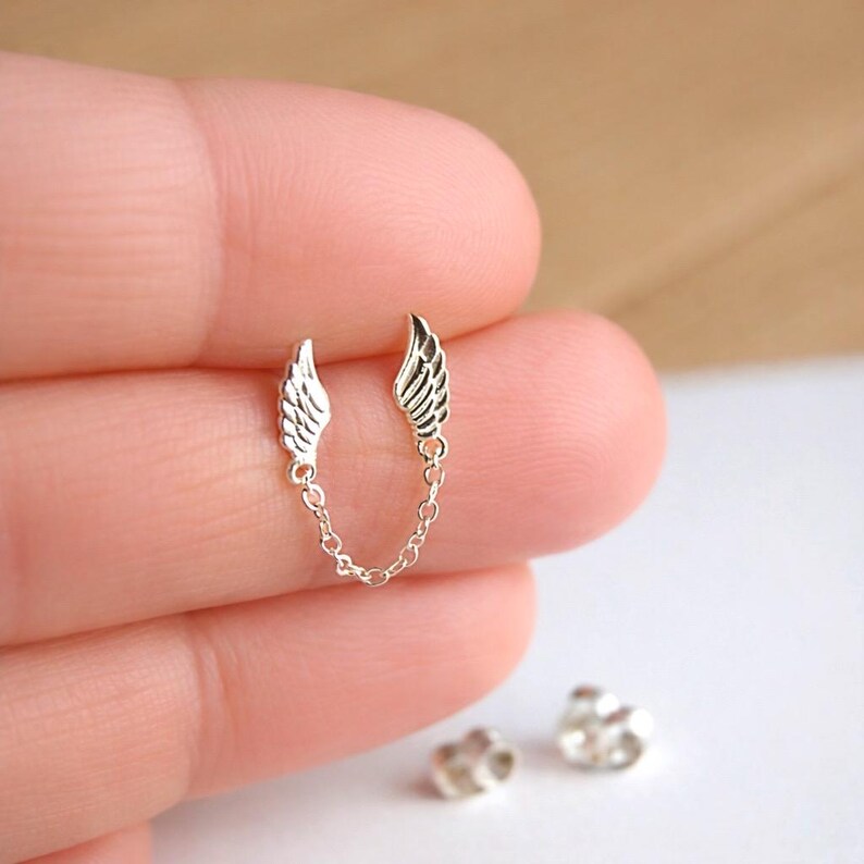 Sterling Silver Angel Wing Chain Drop Earrings – Dainty Gold Double Pierced earrings image 7