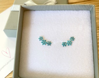 Turquoise Flower Earrings, 925 Sterling Silver Stud Earrings, Ear Creeper, Flower Ear Crawler, December Birthstone Gift