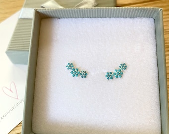 Turquoise Flower Sterling Silver Stud Earrings: Ear Crawlers