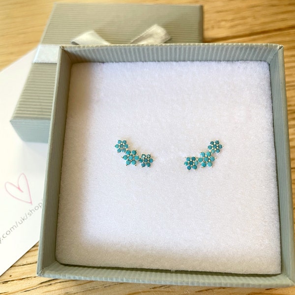 Turquoise Flower Earrings, 925 Sterling Silver Stud Earrings, Ear Creeper, Flower Ear Crawler, December Birthstone Gift