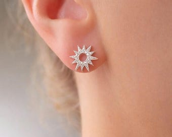 Sterling Silver Starburst Studs: Cubic Zirconia Celestial Earrings