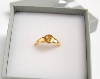 Signet Ring, Adjustable Ring, Pinky Ring, North Star Ring, 18k Gold Plate Ring, Sterling Silver Signet Ring, Starburst Signet Ring