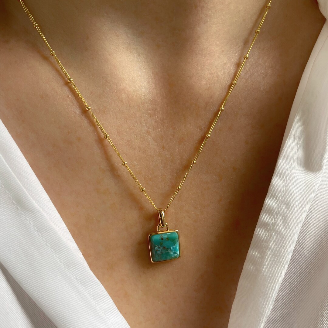 Turquoise Square Necklace Turquoise Square Pendant Sterling Etsy
