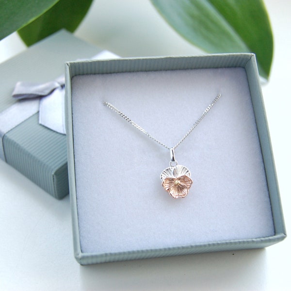 Violette Blume Halskette, Silber Halskette, Blumen Halskette, Silber Rose Gold und Gold Anhänger, Februar Geburt Blume, Geschenk Schmuck