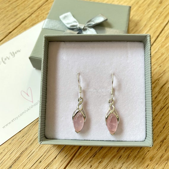 Rose Quartz Earrings Celtic Drop Earrings Sterling Silver Earrings Marquise Rose Quartz Earrings January Birth Stone Gift Etsy
