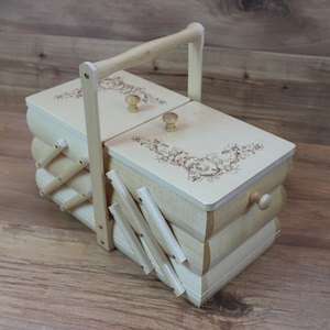 Caja de costura de madera/organizador de costura/cesta de costura/cofre de costura/caja de costura acordeón (color madera natural)