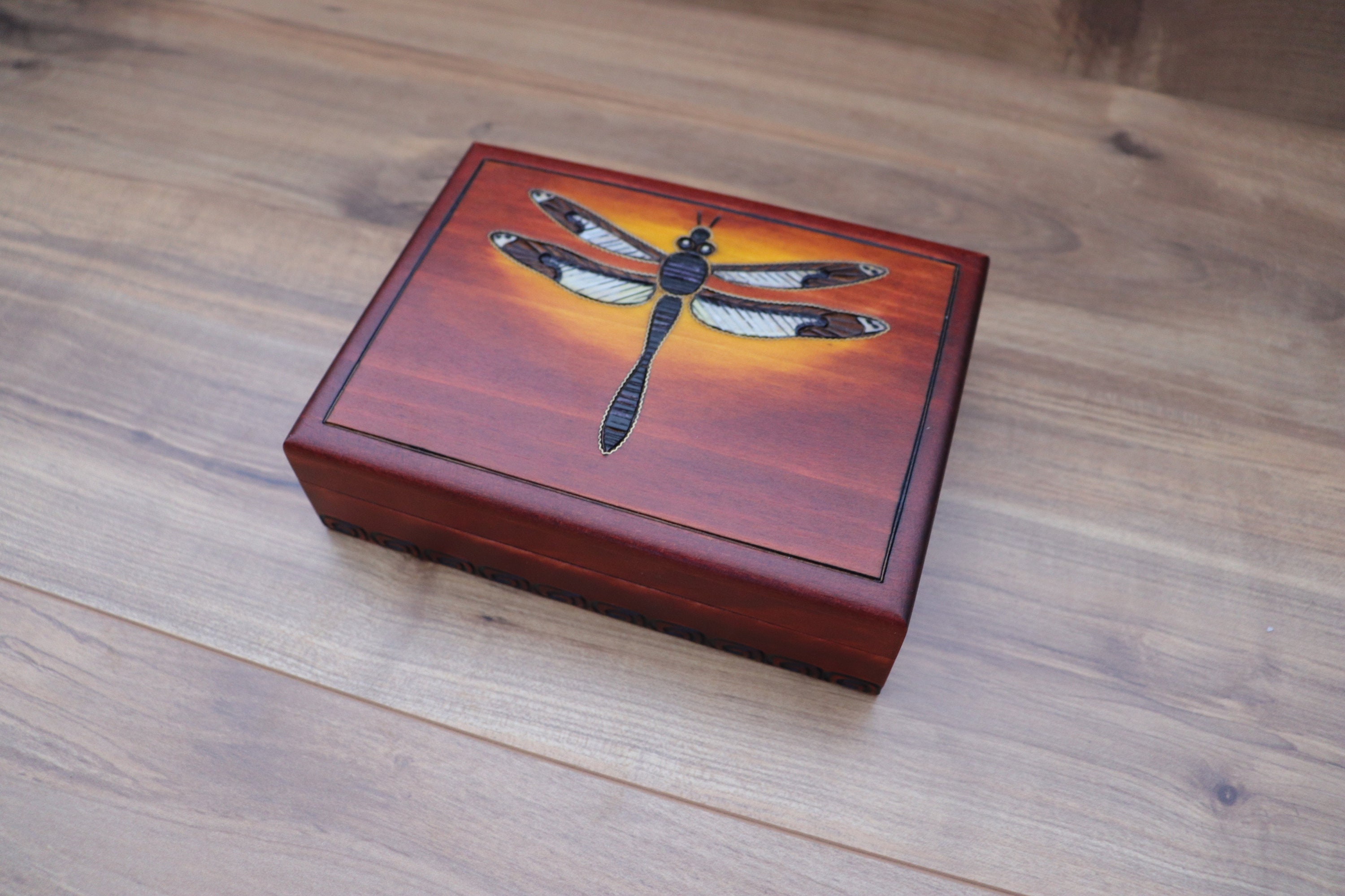 Dragonfly Wood Box Puzzle Handmade Keepsake Jewelry Trinket Decorative Box 