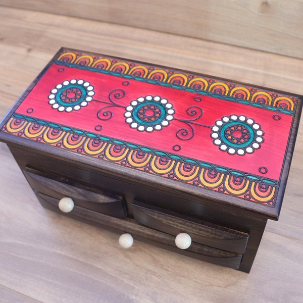 Wooden jewelry box/jewelry organizer/jewelry box handmade/dark brown color with red top