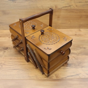 Wooden sewing box (olive brown color) sewing organizer/sewing storage box/sewing basket/sewing chest/accordion sewing box