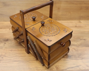 Wooden sewing box (olive brown color) sewing organizer/sewing storage box/sewing basket/sewing chest/accordion sewing box