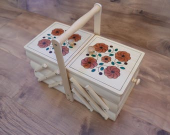 Wooden sewing box, unique flower pattern (natural wood color) sewing organizer/sewing basket/sewing chest/accordion sewing box