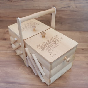 Caja de costura de madera/organizador de costura/cesta de costura/cofre de costura/caja de costura acordeón (color madera natural)