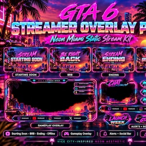 Paquete de superposiciones para streaming de GTA 6, kit para streamers de Twitch OBS, pantallas de inicio "Próximamente, vuelvo enseguida" (BRB Offline Screens)