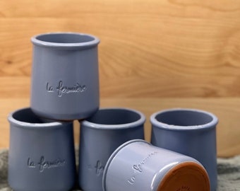 La Fermiere Yogurt Pots, French Pottery Pots, Blue Glazed Pots, Bundle of 5