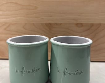 La Fermiere Yogurt Pots, French Pottery Pots, Green Glazed Pots