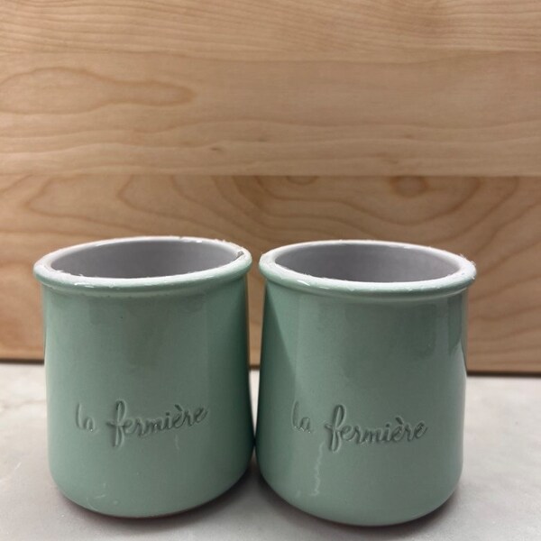 La Fermiere Yogurt Pots, French Pottery Pots, Green Glazed Pots