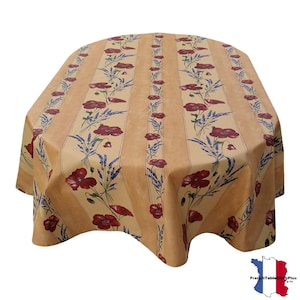 May include: Round tablecloth with a beige background and vertical stripes. The stripes are adorned with red poppies and purple lavender sprigs. The tablecloth is made of a durable fabric and is suitable for indoor or outdoor use.