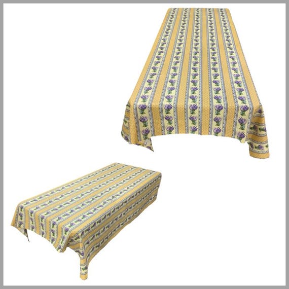 Lavender Nouveau French Provencal Acrylic Coated Tablecloth Stripe Pattern Yellow