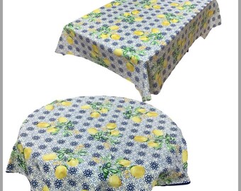 Lemon Blue Cotton Acrylic Coated French Provencal Easy Clean Wipe off Spills Indoor and Outdoor use
