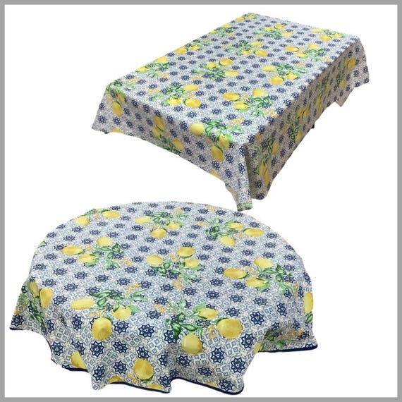 Lemon Blue Cotton Acrylic Coated French Provencal Easy Clean Wipe off Spills Indoor and Outdoor use