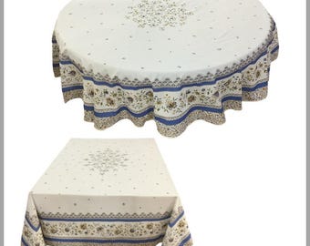LaCerise Blue/White 100 percent Printed Cotton French Provencal Tablecloth Design in Place