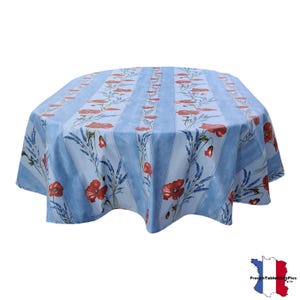 Poppy Light Blue Oval Acrylic Coated Tablecloth