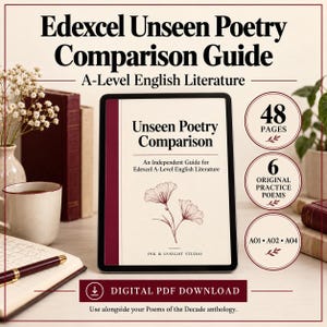 May include: A digital tablet displays the Edexcel Unseen Poetry Comparison Guide for A-Level English Literature. The cover features a floral illustration, the title, and Ink & Insight Studio branding. Circular badges indicate 48 pages, 6 original practice poems, and AO1, AO2, AO4 assessment objectives. A digital PDF download label is included.
