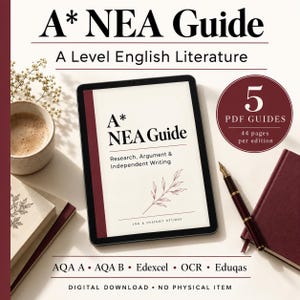 May include: A digital tablet displaying an A* NEA Guide for A Level English Literature, featuring research, argument, and independent writing sections. A maroon circle highlights 5 PDF guides with 44 pages each. Text includes AQA A, AQA B, Edexcel, OCR, and Eduqas.