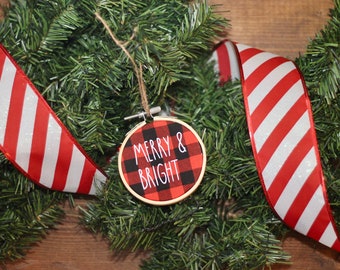 Merry & Bright / Buffalo Plaid Ornament / Embroidery Hoop Ornament / Rustic Farmhouse Christmas Ornament / Skinny Font Inspired